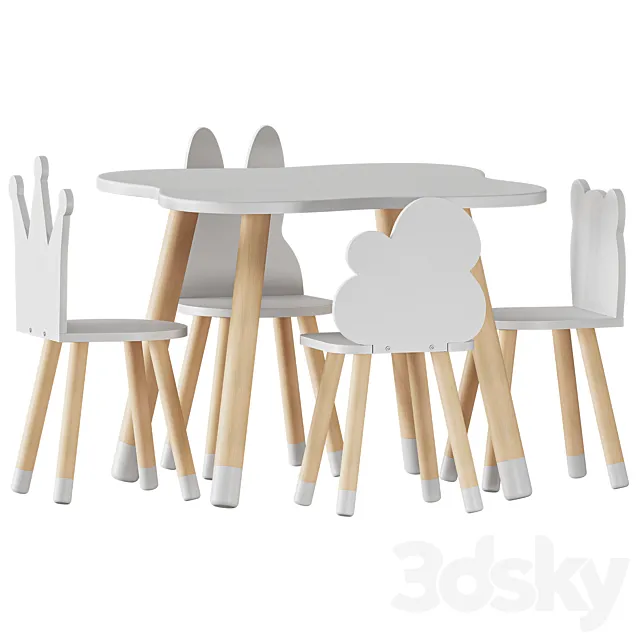 FUN Wooden Kids Table and Chairs Set 3DSMax File