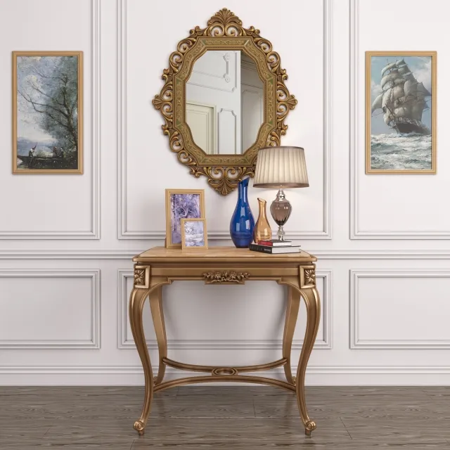 furniture – Antique French onyx table and Antique gold mirror & lamp 3ds Max