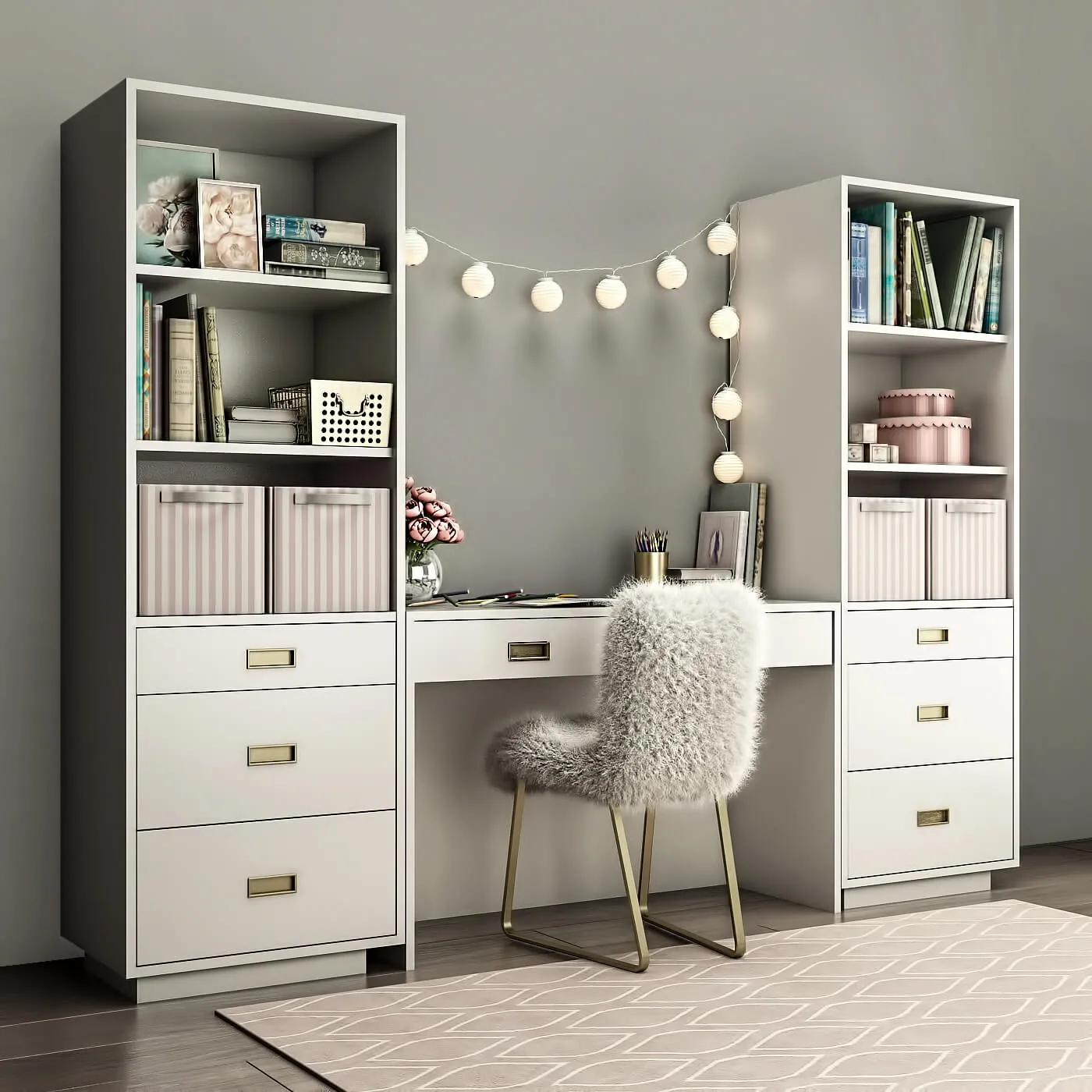 furniture – Bookcases Restoration Hardware Avalon  with desk waxed white in color 3ds Max