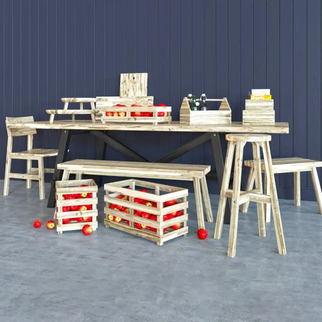 furniture – Wooden table with box of apples 01 3ds Max