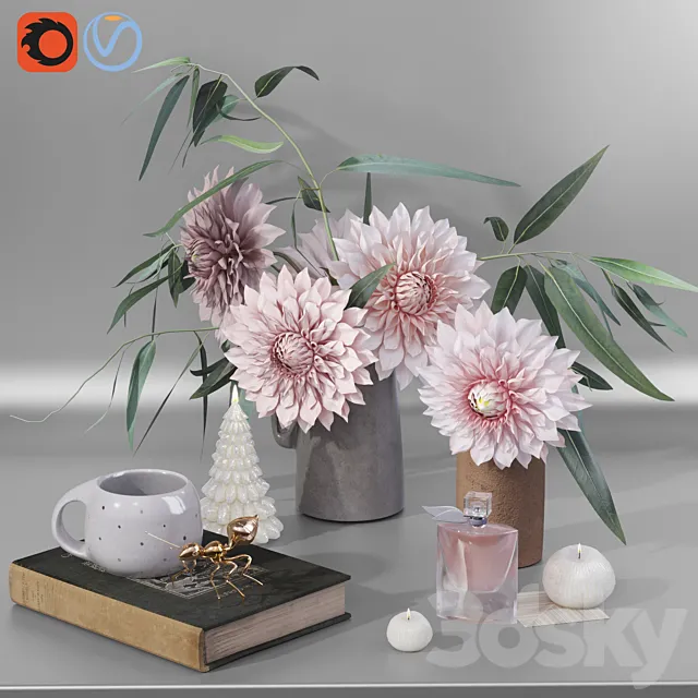 Garden Marigold Dahlia flowers decor set 3DSMax File