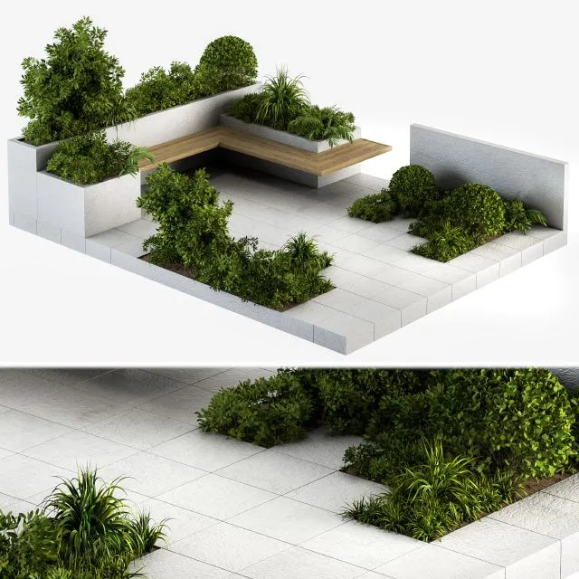 Garden outdoor set bush and tree and bench 3dsMax Model