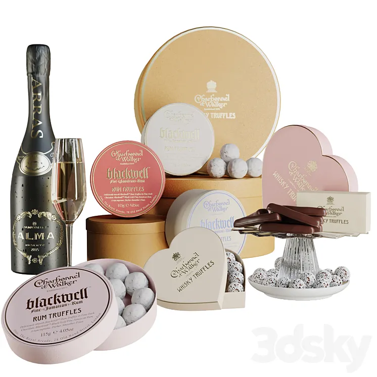 Gift set with sweets and desserts and a glass of wine 3DS Max