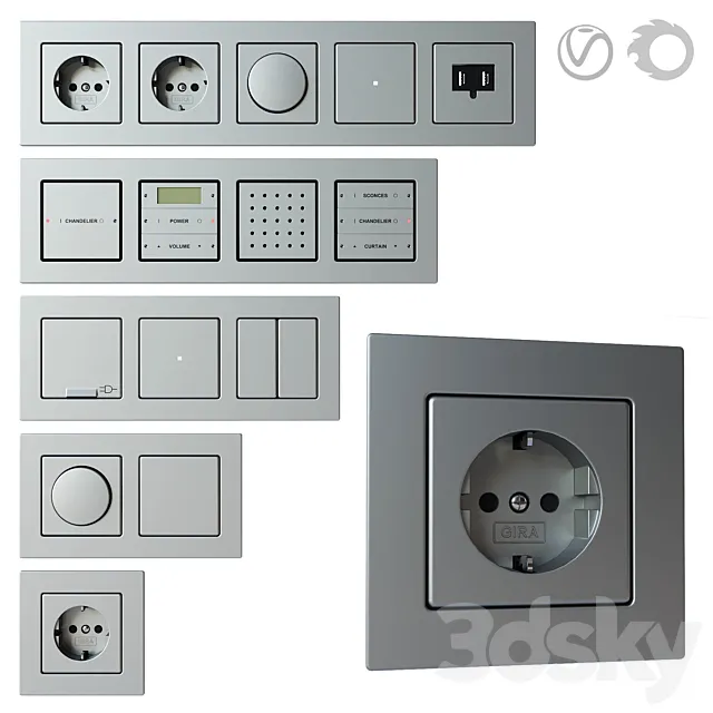 Gira E22 – set of sockets and switches 3dsMax Model