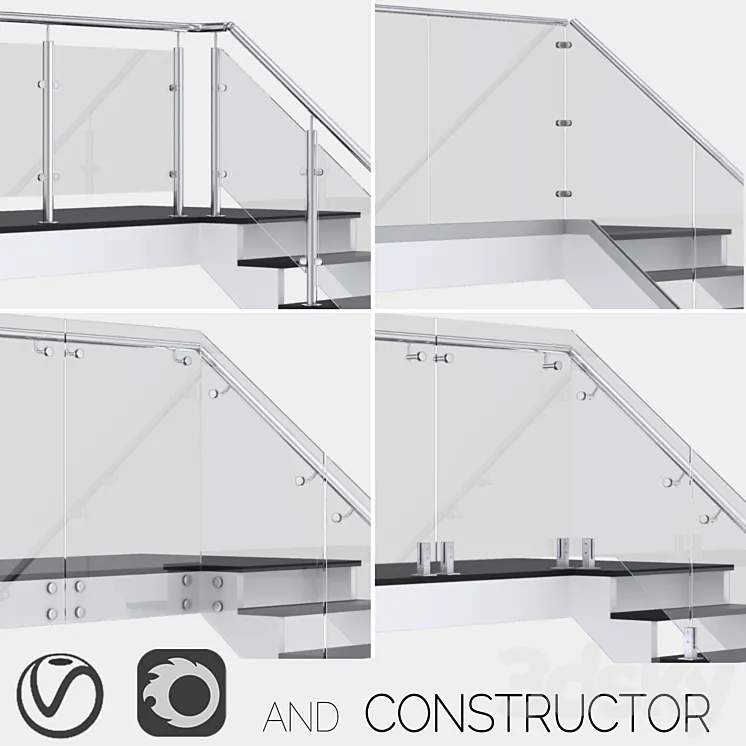 Glass fencing with handrail 4 options 3DS Max