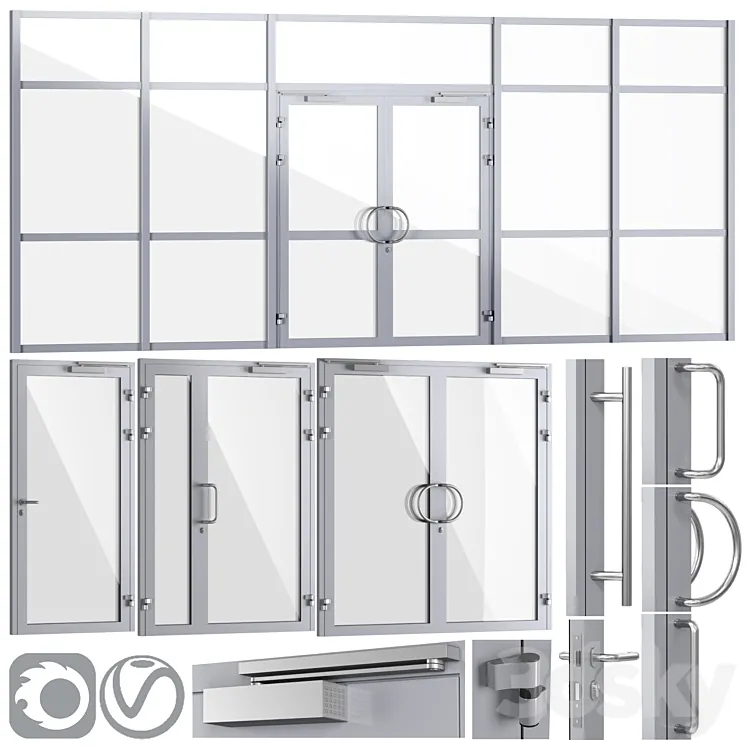 Glass fire doors and partitions a set of handles 3DS Max