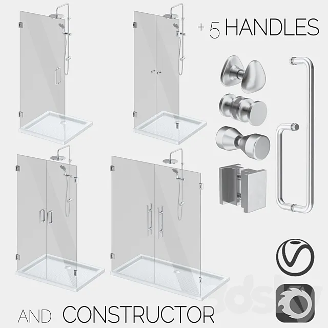 Glass shower cabins designer and a set of handles 3ds Max