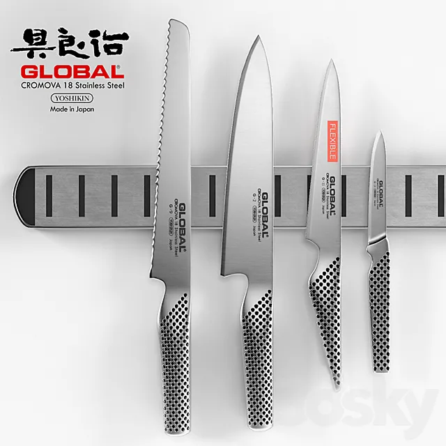 Global knife set + magnetic knife rack 3ds Max