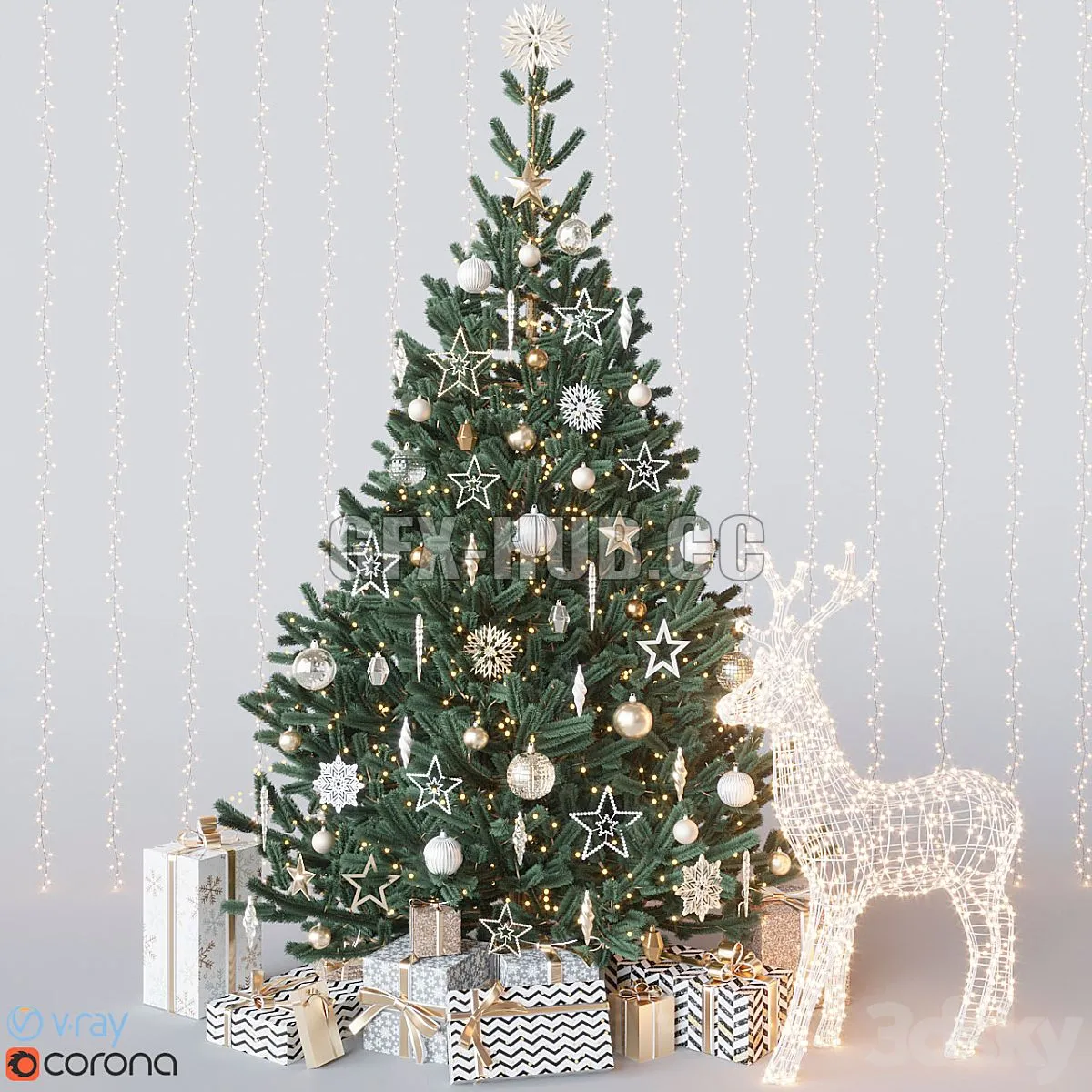 Gold christmas tree with deer 3dsMax Model