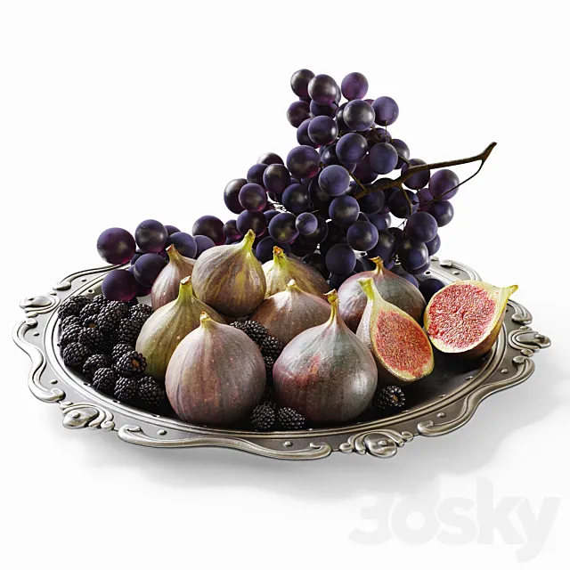 Grapes figs and blackberries in a classic plate 3ds Max