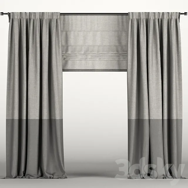 Gray curtains in two shades with a Roman curtain. 3ds Max