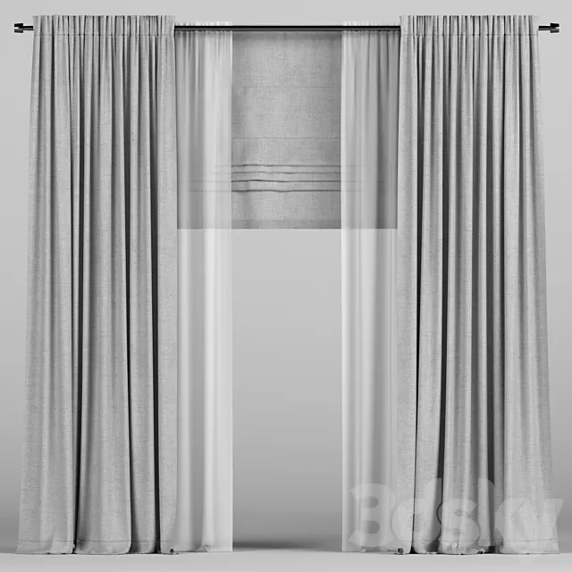 Gray curtains with tulle and a roman curtain. 3DS Max Model