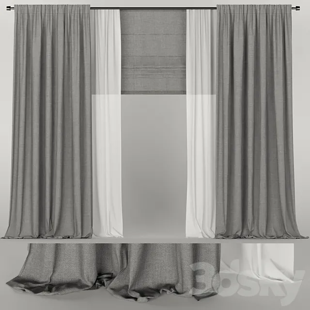 Gray curtains with tulle and roman blinds. 3ds Max