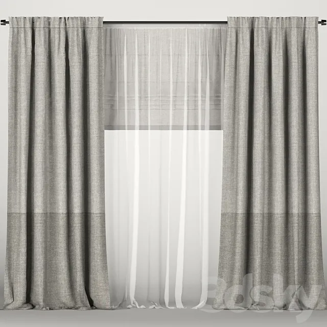 Gray curtains with tulle and roman blinds. 3ds Max