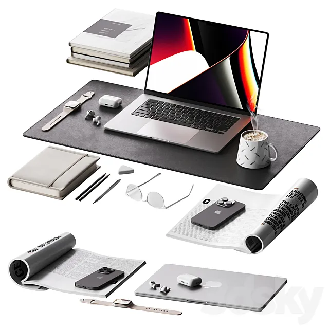 Gray minimalistic decor for a workplace with a set of Apple equipment 3ds Max