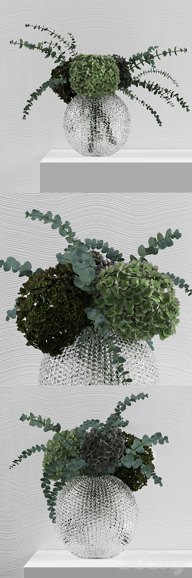 Green Hydrangeas with Eucaliptus baby blue in Bubble vase 3DSMax File