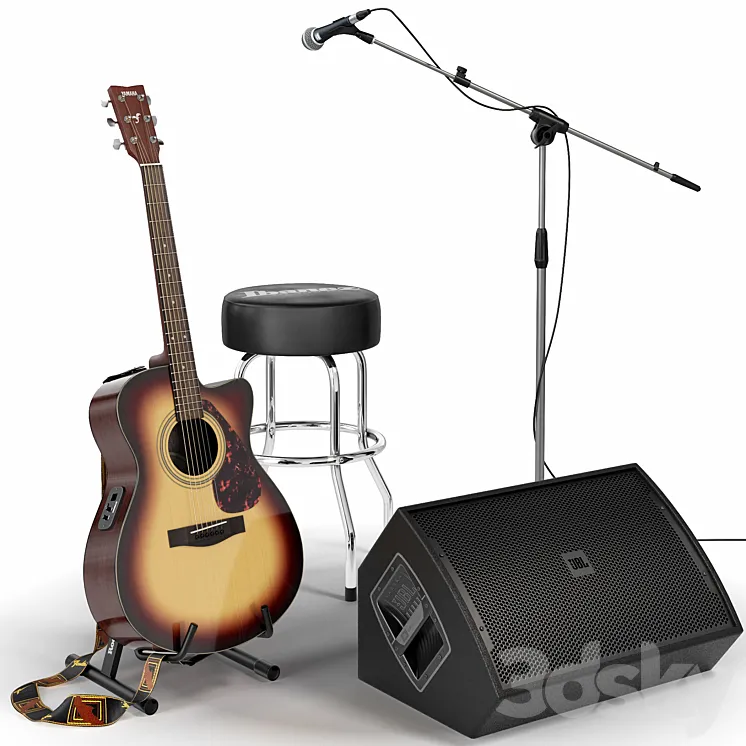 Guitar. Guitar set for stage. Musical instrument. Microphone 3DS Max
