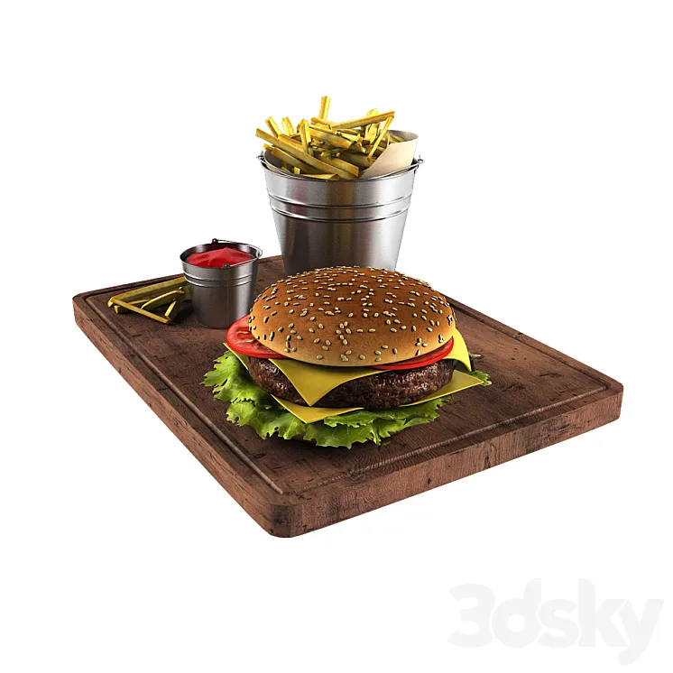 Hamburger and french fries in a bucket 3DS Max