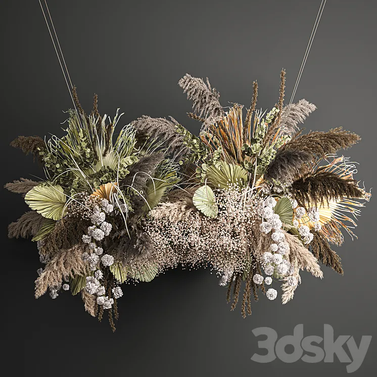 Hanging bouquet and installation under the ceiling decor above the table made of dried flowers palm leaf and pampas grass. 232. 3DS Max