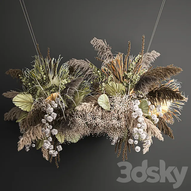 Hanging bouquet and installation under the ceiling. decor above the table made of dried flowers. palm leaf and pampas grass. 232. 3DSMax File