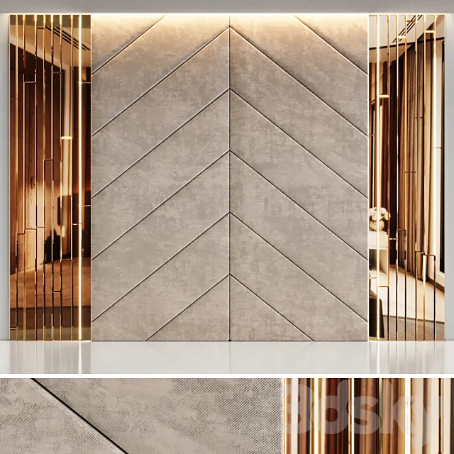 Headboard made from beige panels and gold planks 3ds Max