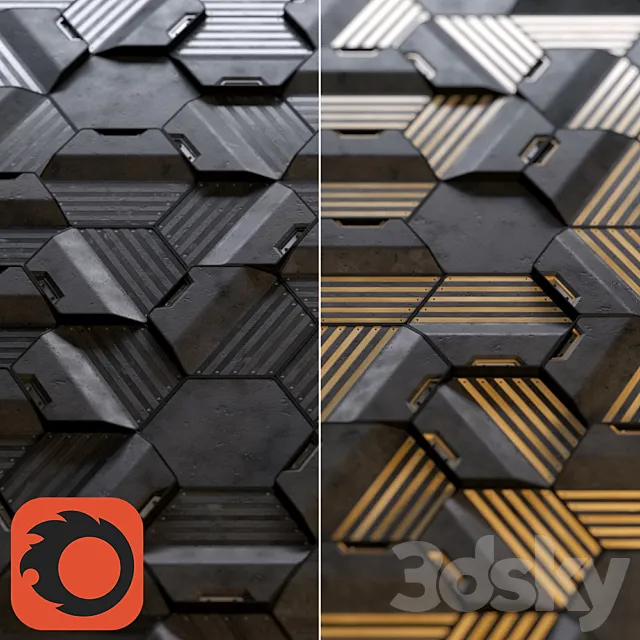 Hexagonal wall panels made of wood and concrete 3DS Max Model