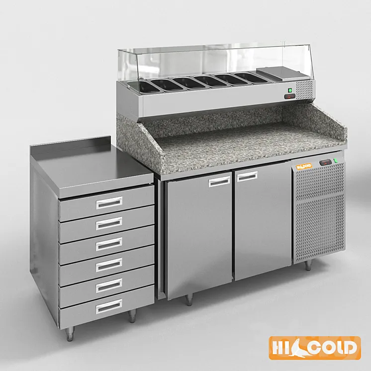 HiCold refrigeration pizzeria stainless steel with stone countertop and glass showcase # 2 3DS Max