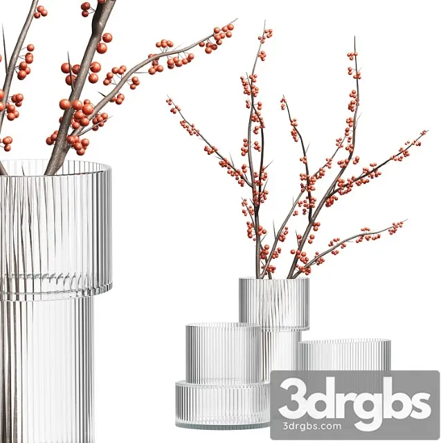 HM Glass Vases With Red Berry Branch 3dsmax Download