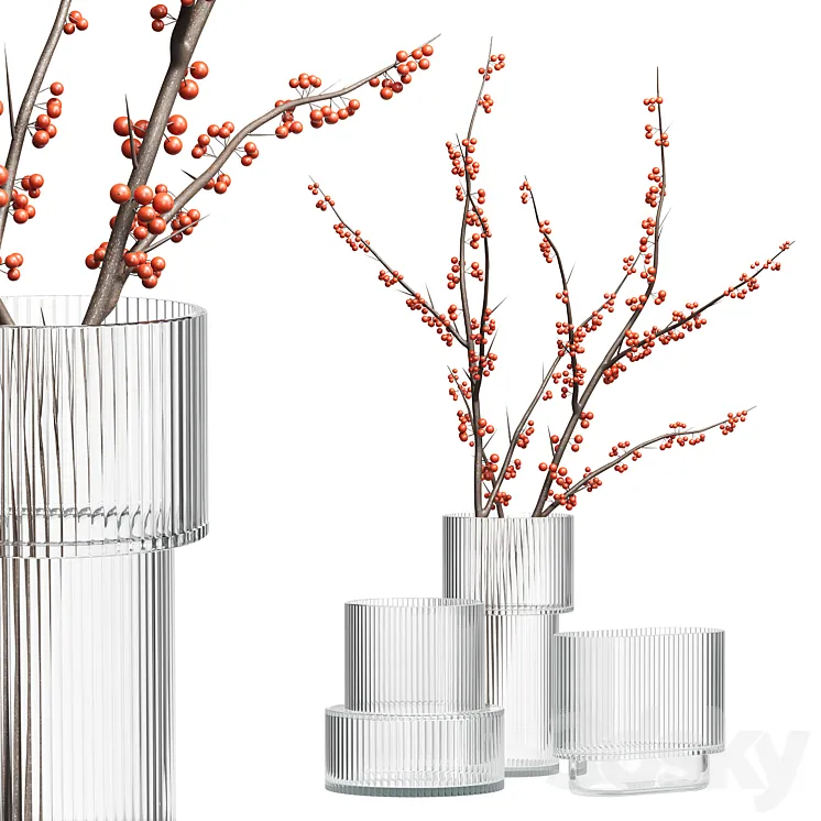 H&M Glass Vases with red berry branch 3DS Max Model