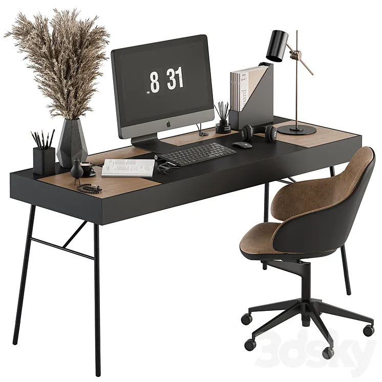 Home Office Black and Wood Table – Office Furniture 296 3DS Max