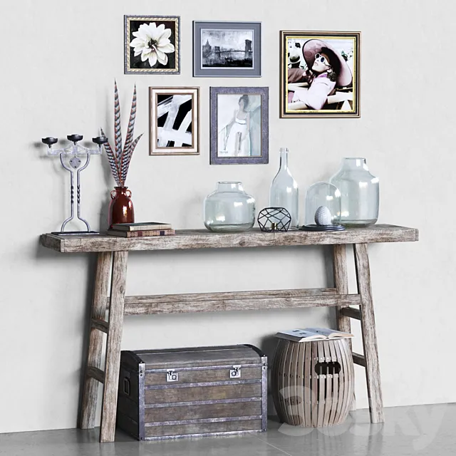 Hubsch Elm Wood Console with Decor 3ds Max