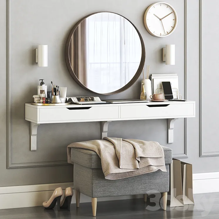 IKEA ALEX dressing table with STRANDMON ottoman and STOCKHOLM round mirror 3DS Max