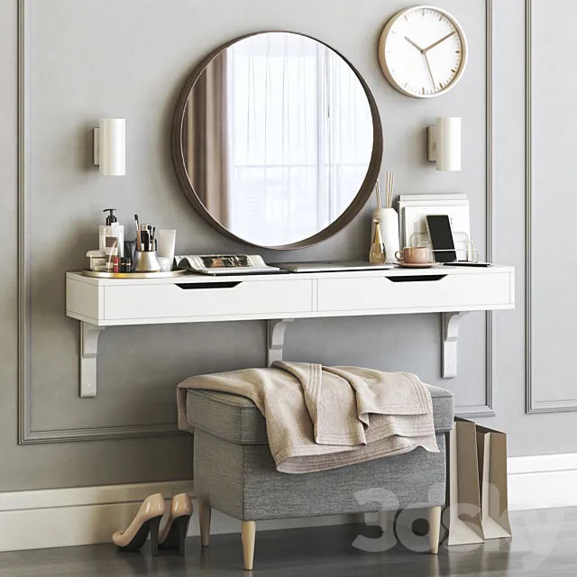 IKEA ALEX dressing table with STRANDMON ottoman and STOCKHOLM round mirror 3DSMax File