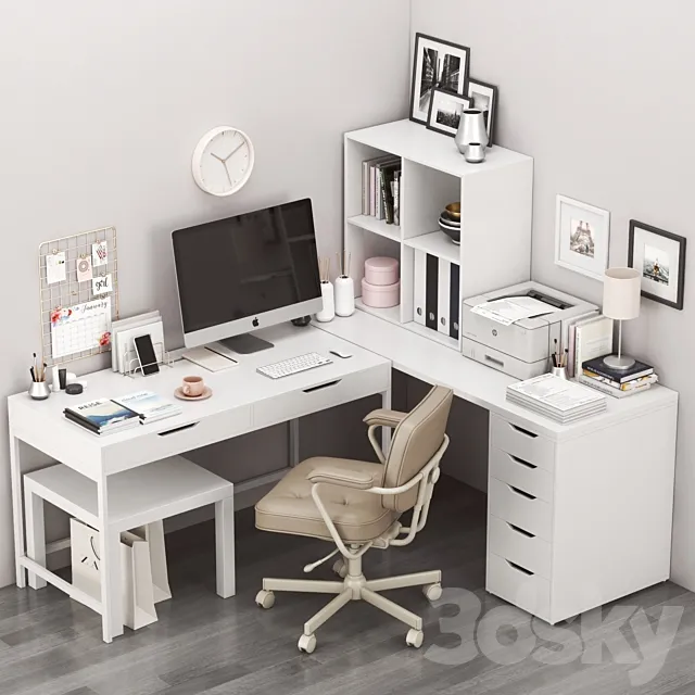 IKEA corner workplace with ALEX table and ALEFJALL chair 3DSMax File