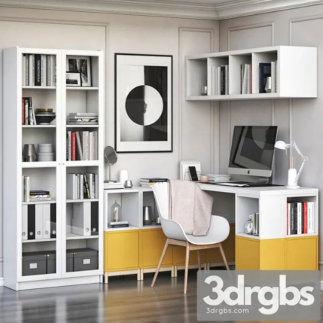 Ikea corner workplace with eket storages and billy oxberg bookcase 2 3dsmax Download