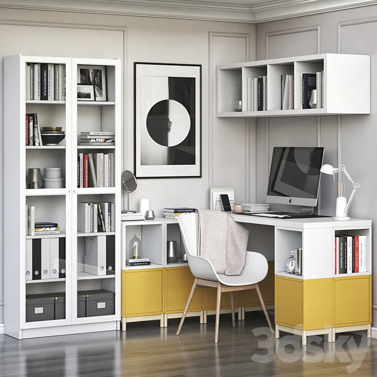 IKEA corner workplace with EKET storages and BILLY OXBERG bookcase 3DS Max