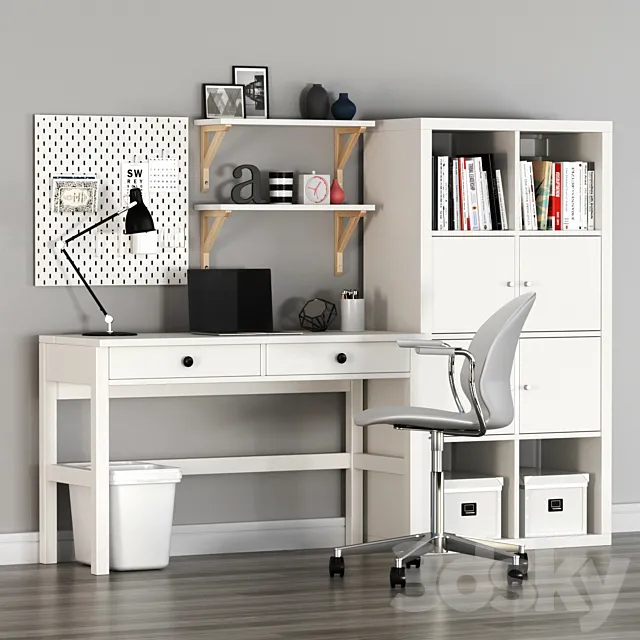 IKEA HEMNES Workplace and KALLAX shelf unit with FRITZHANSEN N02 Swivel armchair 3DS Max Model