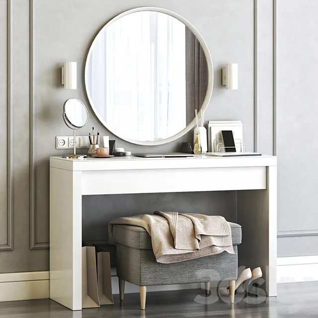 Ikea Malm Dressing Table with Langesund Round Mirror and Strandmon Gray Ottoman 3DS Max Model