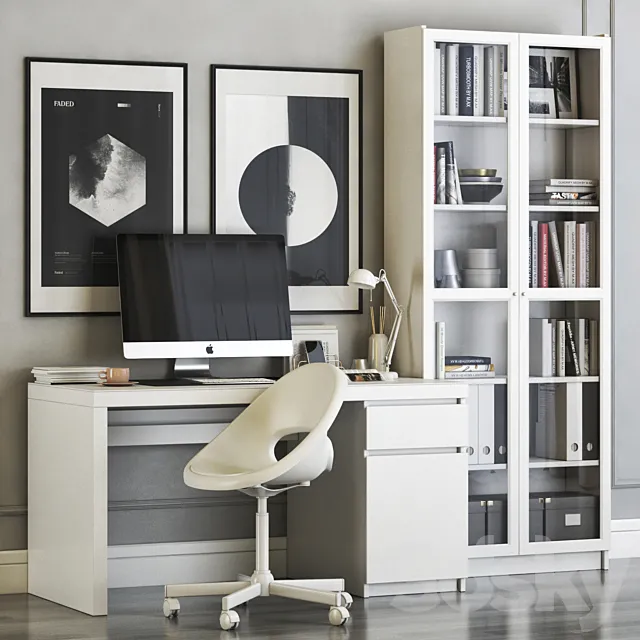 IKEA MALM workplace with LOBERGET chair and BILLY OXBERG bookcase 3DSMax File