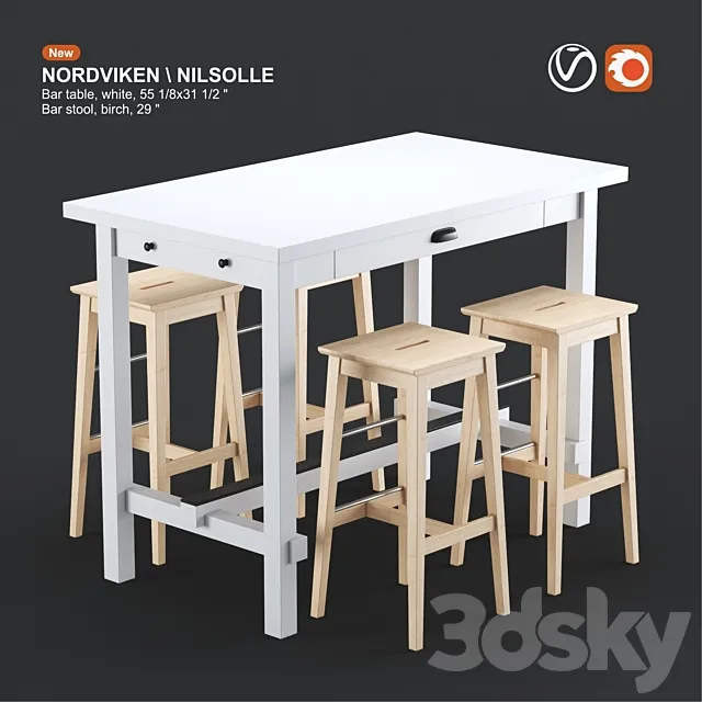 Ikea NORDVIKEN bar table and NILSOLLE bar stool white and birch 3ds Max