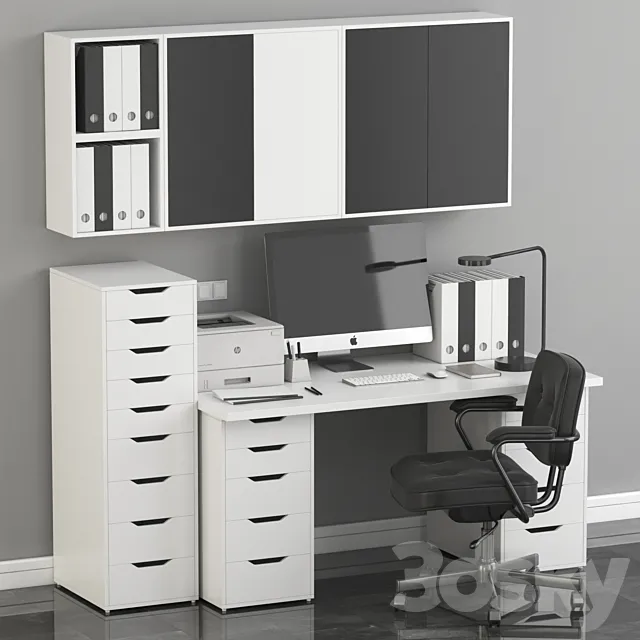 Ikea Office Workplace with Alex Table. Alefjäll Chair and Eket wall-mounted cabinet 3DSMax File