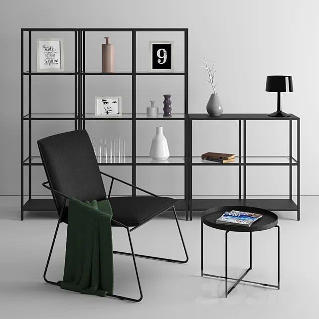 Ikea Shelf unit Coffee table and Wire Base Chair 3ds Max