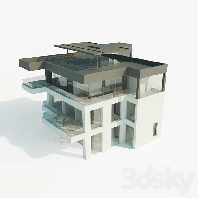 Individual residential house in a modern style. The total area is 250 square meters. 3ds Max