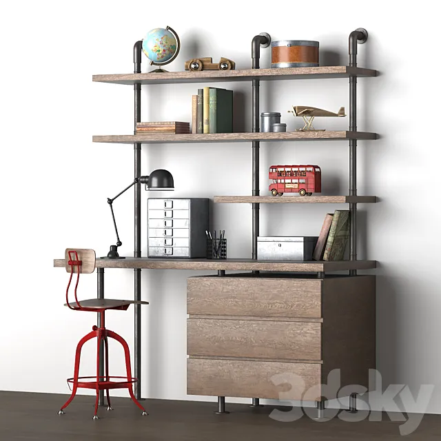 INDUSTRIAL PIPE SINGLE DESK & SHELVING WITH DRAWERS 3DS Max Model