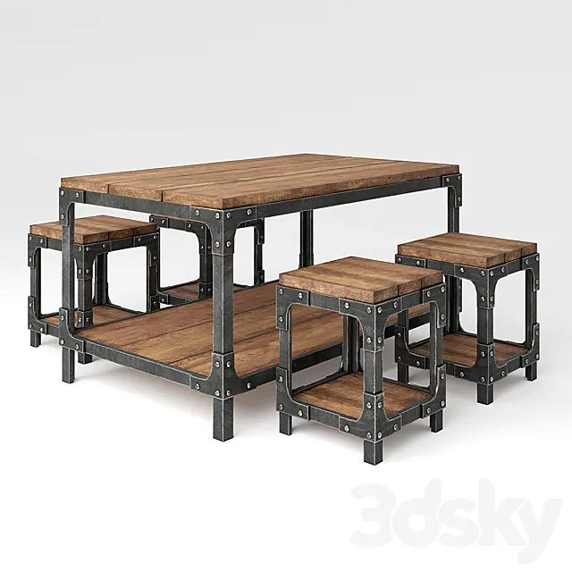 Industrial set: table and chairs 3ds Max