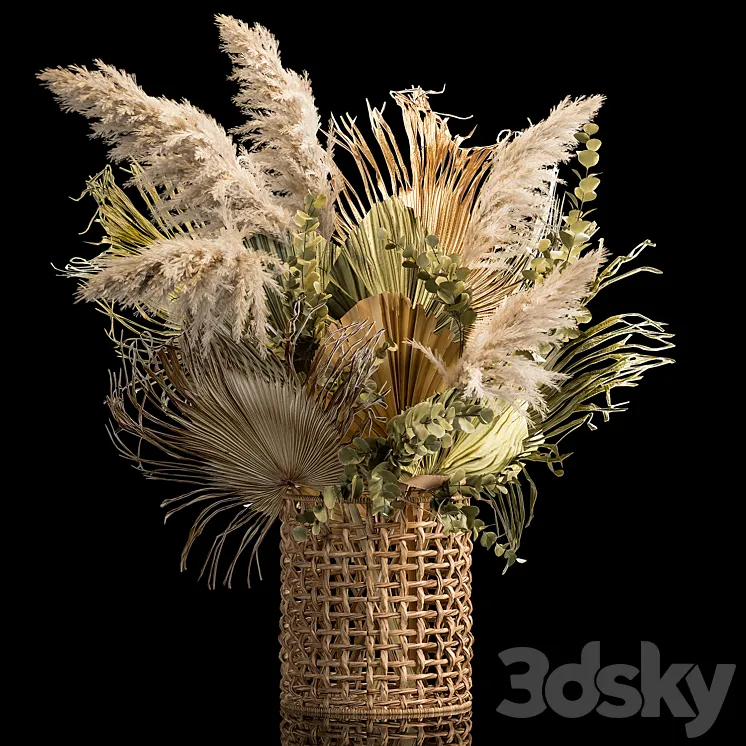 Installation bouquet pampas grass in a wicker basket of twigs dry leaves dried flower. 239. 3DS Max