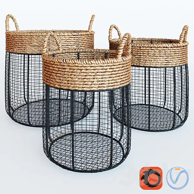 Iron Wire Round Scoop Baskets With Seagrass 3DSMax File