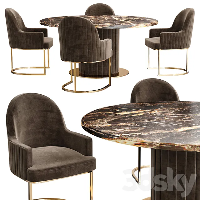 Italian Designer Marble Round Dining Table And Chairs Set 3DS Max Model