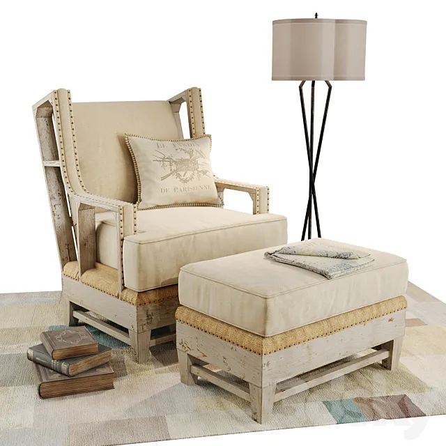 Kathy Kuo Home armchair and ottoman set 3DS Max Model