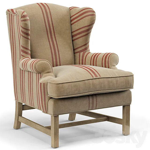 Khaki Linen English Club Chair with Red Stripe 3ds Max